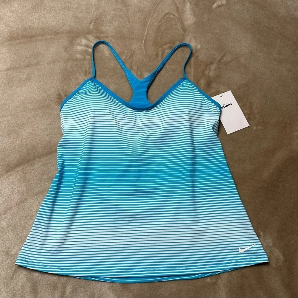 Nike Swim Racerback Blue & White Striped Tankini Top Size Medium